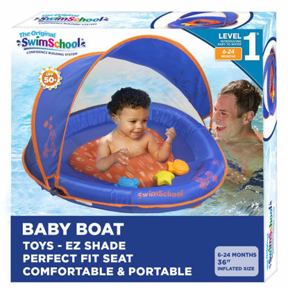 Picture of SwimSchool Deluxe Baby Float with Adjustable Canopy - 6-24 Months - Baby Swim Float with Splash & Play Activity Center Safety Seat - Blue/Orange