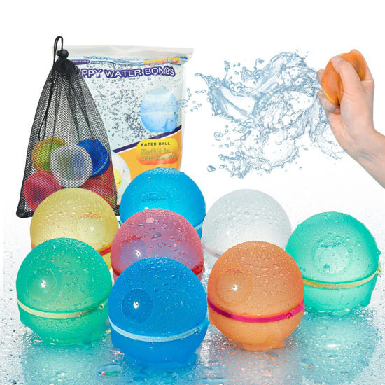 Picture of HILIOP Reusable Water Balloons for Kids Adults, Silicone Refillable Water Bombs Magnetic Water Balloons Self Sealing Quick Fill with Mesh Bag (8PCS - Space Capsule)