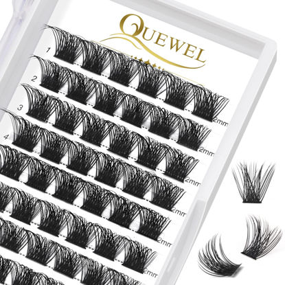 Picture of QUEWEL Lash Clusters 72 Pcs Cluster Lashes Wide Stem Eyelash Clusters C/D Curl 8-16mm DIY Eyelash Extensions Mega Style for Self Easy To Use at Home (Mega-D-12)