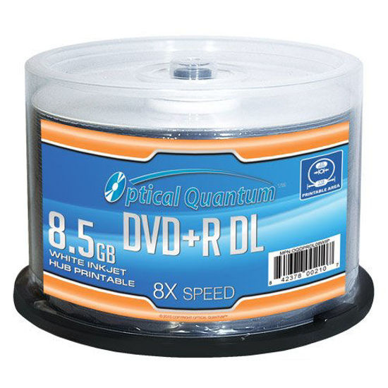 Picture of Optical Quantum OQDPRDL08WIP-H 8 X 8.5GB DVD+R DL White Inkjet Printable Double Layer Recordable Blank Media, 50-Disc Spindle