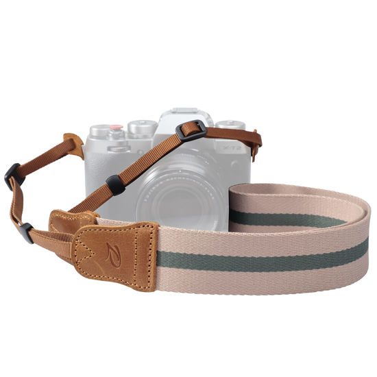 Picture of Beige Pink Stripe Camera Strap -Double Layer top-grain Cowhide Ends,1.5"Wide Pure Cotton Woven Camera Strap,Adjustable Universal Neck & Shoulder Strap for All DSLR Cameras,Great Gift for Photographers