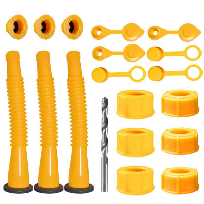 Picture of Gas Can Spout Replacement,Gas Can Nozzle,(3 Kit-Yellow) with 6 Screw Collar Caps(3 Coarse Thread &3 Fine Thread-Fits Most of The Cans) with Gas Can Vent Caps,Thick Rubber pad,Spout Cover,Base Caps