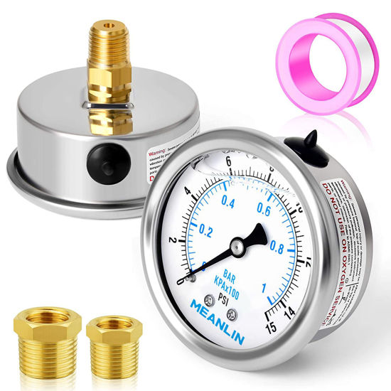 Picture of MEANLIN MEASURE 0~15Psi Stainless Steel 1/4" NPT 2.5" FACE DIAL Liquid Filled Pressure Gauge WOG Water Oil Gas Center Back Mount