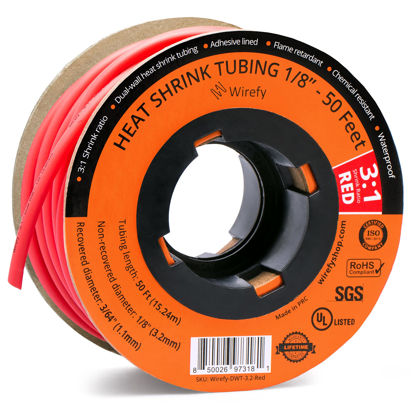 Picture of Wirefy 1/8" Heat Shrink Tubing - 3:1 Ratio - Adhesive Lined - Marine Grade Heat Shrink - Red - 50 Feet Roll