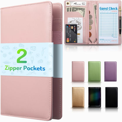 Picture of Server Book with 2 Zipper Pockets, Premium Leather Server Books for Waitress, Durable Waitress Book with Money Pocket and Zipper, Waiter Wallet Server Booklet Checkbook Fit Server Apron (Pink)