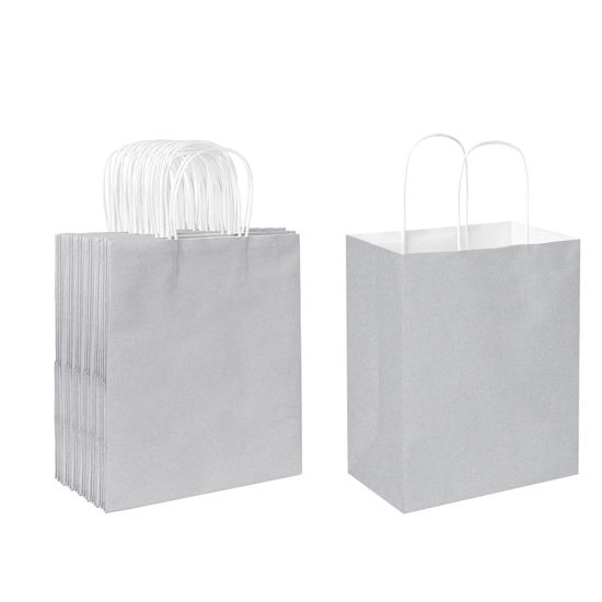 Picture of Oikss 50 Pack 8x4.75x10 inch Medium Paper Bags with Handles Bulk, Kraft Bags Birthday Wedding Party Favors Grocery Retail Shopping Takeouts Business Goody Craft Gift Bags Sacks (Silver Grey 50 PCS)