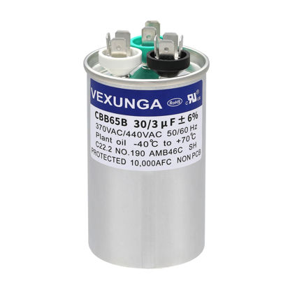 Picture of VEXUNGA 30/3 uF 30+3 MFD 370VAC or 440VAC Dual Run Start Round A/C Capacitor CBB65 CBB65B Air Conditioner Capacitors for AC Unit Fan Motor Start or Heat Pump or Condenser Straight Cool