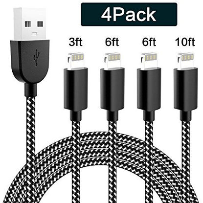 Picture of TNSO MFi Certified iPhone Charger Lightning Cable 4Pack 3FT 6FT 6FT 10FT Extra Long Nylon Braided USB Fast Charging& Syncing Cord Compatible iPhone Xs MAX XR X 8 8 Plus 7 7 Plus 6s Plus 6 Plus