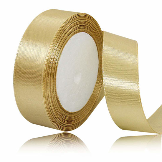 Picture of Solid Color Gold Satin Ribbon, 3/4 Inches x 25 Yards Fabric Satin Ribbon for Gift Wrapping, Crafts, Hair Bows Making, Wreath, Wedding Party Decoration and Other Sewing Projects