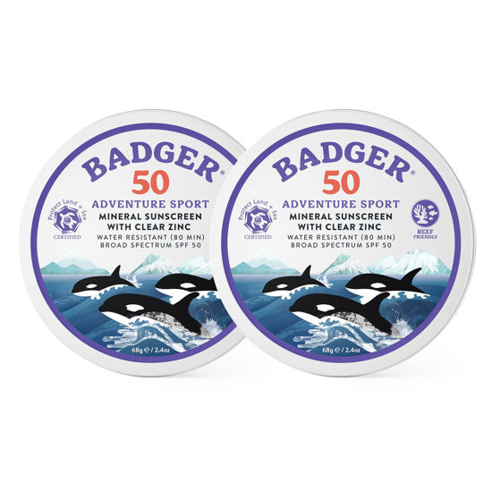 Picture of Badger Biodegradable Sunscreen in Metal Tin, SPF 50 Zinc Oxide Sunscreen with 98% Organic Ingredients, Reef Safe, Broad Spectrum, Water Resistant, Unscented, 2.4 oz (2 Pack)