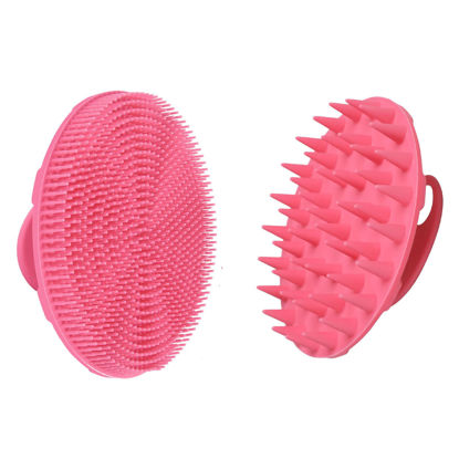 Picture of INNERNEED Food-Grade Soft Silicone Body Scrubber Shower Brush, with Scalp Massager Shampoo Brush, Wet & Dry Manual Scalp Care Hair Washing (Pink)