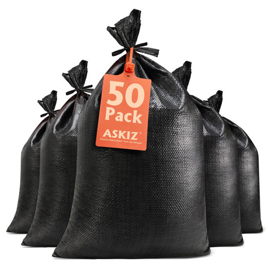 Picture of ASKIZ Heavy Duty Sand Bags Empty Woven Sand Bags with Tie Strings with 1600 Hours of UV Protection Polypropylene Sand-Bags - 16" x 25.5" Ultra Tough Sandbags for Hurricane Flooding (Black 50 Bags)