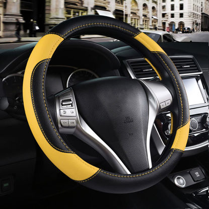 Picture of Leather Car Steering Wheel Cover, Non-Slip Car Wheel Cover Protector Breathable Microfiber Leather Universal Fit for Most Cars (Black&Yellow)