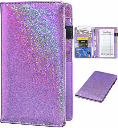 Picture of Server Books for Waitress - Glitter Leather Waiter Book Server Wallet with Zipper Pocket, Cute Waitress Book&Waitstaff Organizer with Money Pocket Fit Server Apron (Glitter Powdery Violet)