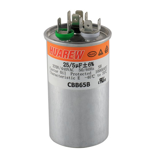 Picture of HUAREW 25+5 uF ±6% 25 5 MFD 370/440 VAC CBB65 Dual Run Start Round Capacitor for Condenser Straight Cool or Heat Pump Air Conditioner or AC Motor and Fan Starting