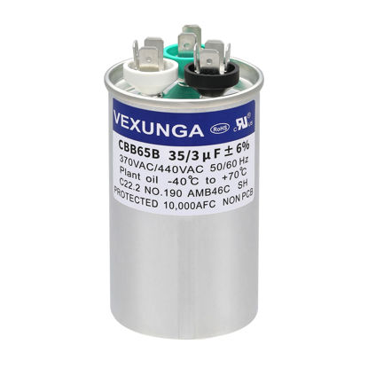 Picture of VEXUNGA 35/3 uF 35+3 MFD 370VAC or 440VAC Dual Run Start Round A/C Capacitor CBB65B 35 3 uF Air Conditioner Capacitors for AC Unit Fan Motor Start or Heat Pump or Condenser Straight Cool