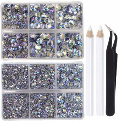 Picture of LPBeads 6400 Pieces Hotfix Rhinestones Paradise Shine Flat Back 5 Mixed Sizes Crystal Round Glass Gems with Tweezers and Picking Rhinestones Pen