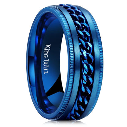 Picture of King Will Intertwine 8mm Spinner Ring Blue Stainless Steel Fidget Ring Anxiety Ring for Men with Curb Chain Inlay 13