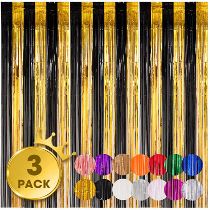 Picture of Voircoloria 3 Pack 3.3x8.2 Feet Black and Gold Foil Fringe Backdrop Curtains, Tinsel Streamers Birthday Party Decorations, Fringe Backdrop for Graduation, Baby Shower, Gender Reveal, Disco Party