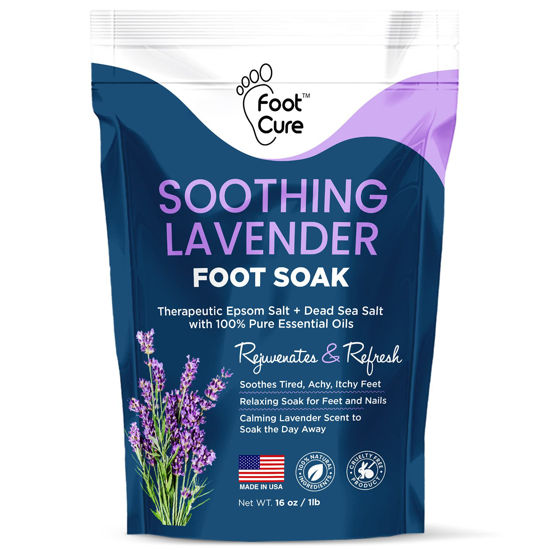 Picture of Soothing Lavender Foot Soak with Epsom Salt - Best Toenail Treatment, & Softens Calluses - Soothes Sore & Tired Feet, Foot Odor Scent, Spa Pedicure - Made in USA 16 oz