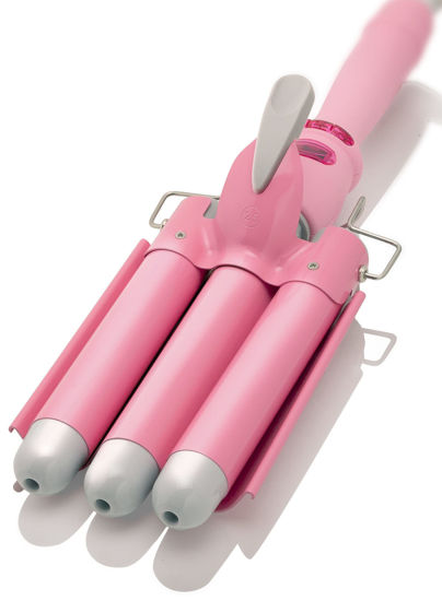 Picture of Alure Three Barrel Curling Iron Wand with LCD Temperature Display - 1 Inch Ceramic Tourmaline Triple Barrels, Dual Voltage Crimp (Pink/White)