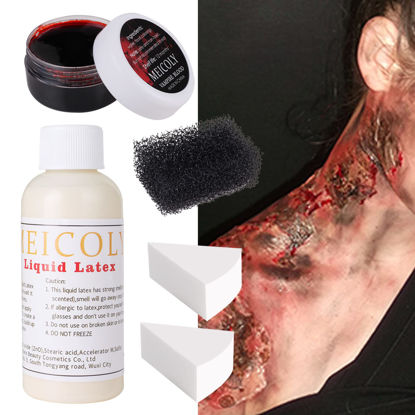 Picture of MEICOLY Liquid Latex Face Body Paint 2.1 Oz,Halloween Fake Blood Scar Wound Makeup,Professional for Subtle Wrinkle Special Effects SFX with Scab Coagulated Blood Gel(1.06Oz),Stipple Sponge,2 Sponges