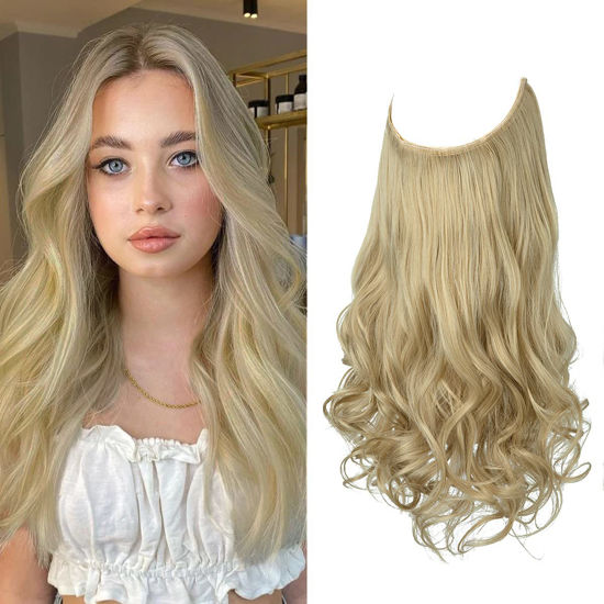 Picture of SARLA Blonde Hair Extension Invisible Wire Wavy Curly Long Synthetic Hair Piece for Women Adjustable Transparent Headband 16 Inch No Clip