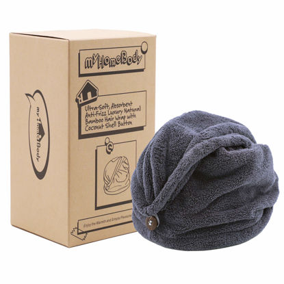 Picture of myHomeBody Hair Towel Wrap | Luxury Rapid-Dry Hair-Drying Turban | Ultra Soft and Quick Drying Absorbent Charcoal Fiber, with Coconut Shell Button - Midnight Blue