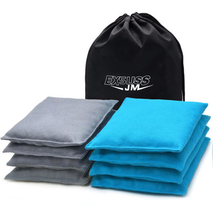 Picture of JMEXSUSS Weather Resistant Standard Corn Hole Bags, Set of 8 Regulation Professional Cornhole Bags for Tossing Game,Corn Hole Beans Bags with Tote Bag(Grey/Light Blue)