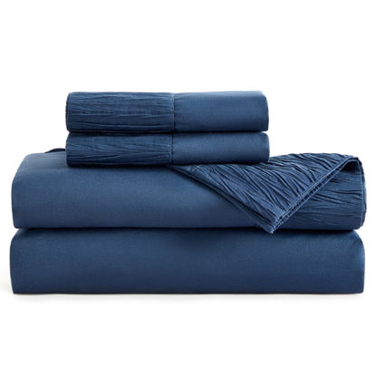 Picture of Bedsure Full Size Sheet Sets - Soft 1800 Sheets for Full Size Bed, 4 Pieces Hotel Luxury Navy Sheets Full, Easy Care Polyester Microfiber Cooling Bed Sheet Set