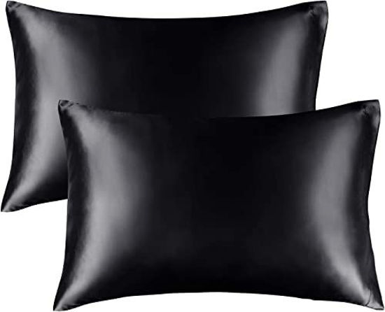 Picture of BEDELITE Satin Pillowcase for Hair and Skin, King Pillow Cases Set of 2 Pack Super Soft Silky Black Pillow Case with Envelope Closure (20x36 Inches)