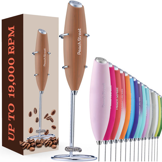 Picture of Powerful Handheld Milk Frother, Mini Milk Foamer, Battery Operated (Not included) Stainless Steel Drink Mixer with Frother Stand for Coffee, Lattes, Cappuccino, Frappe, Matcha, Hot Chocolate. (Wood)