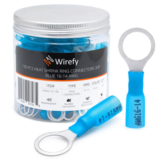 Picture of Wirefy 130 PCS Heat Shrink Ring Terminals 3/8" - Marine Grade Ring Connectors - Eyelet Wire Connectors - Blue 16-14 AWG