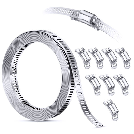 Picture of 304 Stainless Steel Hose Clamp Assortment Kit DIY, Cut-To-Fit 12 FT Metal Strap + 8 Stronger Fasteners, Large Adjustable Worm Gear Band Hose Clamps Screw Clamps Duct Pipe Metal Clamp Strapping