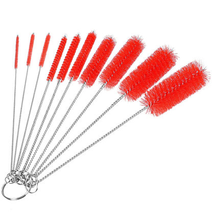 Picture of CiaraQ Bottle Cleaning Brushes, 8 Inch Nylon Tube Brush Set, Cleaner for Narrow Neck Bottles Cups with Hook, Set of 10pcs. Red