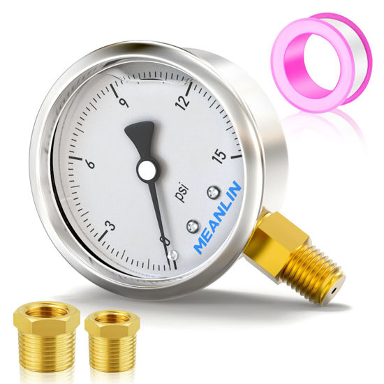 Picture of MEANLIN MEASURE 0~15Psi Stainless Steel 1/4" NPT 2.5" Single Scale FACE DIAL,Glycerin Filled Fuel Pressure Gauge,Liquid Filled Pressure Gauge WOG Water Oil Gas Lower Mount