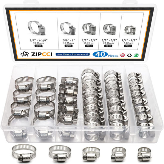 GetUSCart- ZIPCCI Hose Clamp Kit, 1/4 Inch - 1 Inch 304 Stainless Steel  Hose Clamps Assortment, Worm Gear Fuel Line Pipe Clamp Set, 6-29mm (40pack)