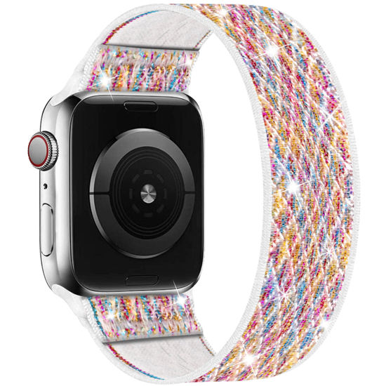 Picture of ENJINER Stretchy Nylon Solo Loop Bands Compatible with Apple Watch 38mm 40mm 41mm 42mm 44mm 45mm 49mm Ultra iWatch Series 8 7 SE 6 5 4 3 2 1 Strap, Sport Elastic Braided Women Men No Buckles Clasp Wristband, Colorful Mermaid Princess 42/44/45/49mm XS