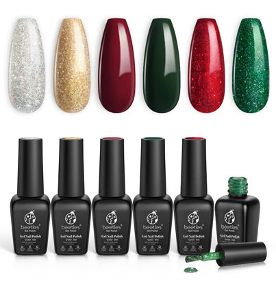 Picture of Beetles Gel Nail Polish Set, Sparkle Green Glitter Gold Silver Gel Polish Dark Green Dark Red Gel Polish Kits Soak Off Nail Lamp LED Cured for Nail Art Design St. Patrick's Day Gifts for Women