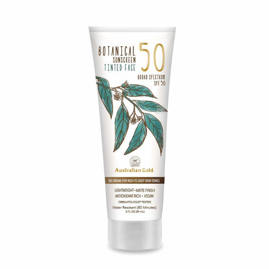 Picture of Australian Gold Botanical SPF 50 Tinted Sunscreen for Face, Non-Chemical BB Cream & Mineral Sunscreen,Water-Resistant,Matte Finish,For Sensitive Facial Skin,Rich to Deep Skin Tones, 3 FL Oz, Rich-Deep