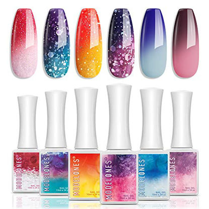 Picture of modelones Color Changing Gel Nail Polish - 6 Colors 10ml Pink Glitter Blue Purple Orange Mood Temperature Change Gel Polish Set Summer Soak Off Nail Polish DIY Home Salon LED Nail Art Manicure 2023