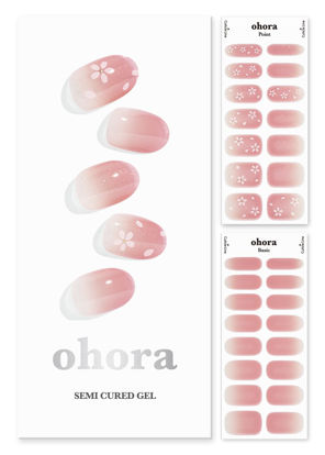 Picture of ohora Semi Cured Gel Nail Strips (N Blossom) - Works with Any UV Nail Lamps, Salon-Quality, Long Lasting, Easy to Apply & Remove - Includes 2 Prep Pads, Nail File & Wooden Stick