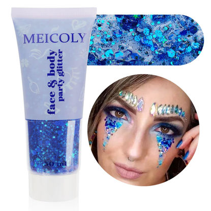 Picture of MEICOLY Blue Body Glitter,Singer Concerts Face Glitter Gel,Mermaid Sequins Holographic,Face Eye Lip Hair Chunky Festival Rave Accessories Makeup,Sparkling Body Glitter Gel for Women Kids,50ml