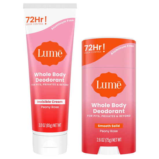 Picture of Lume Whole Body Deodorant - Invisible Cream Tube and Solid Stick - 72 Hour Odor Control - Aluminum Free, Baking Soda Free, Skin Safe - 3.0 Ounce Tube and 2.6 Ounce Solid Stick Bundle (Peony Rose)