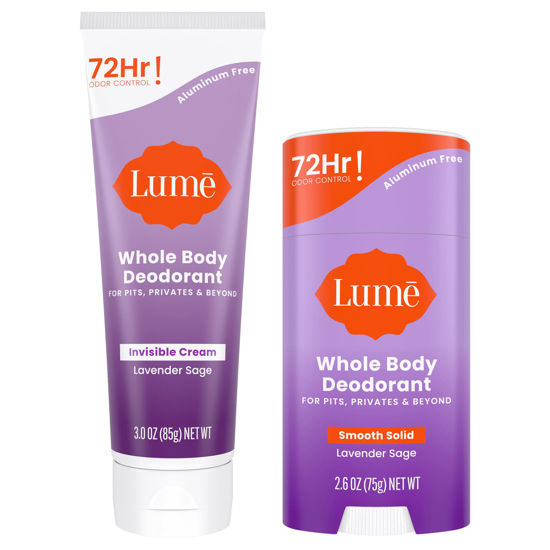 Picture of Lume Whole Body Deodorant - Invisible Cream Tube and Solid Stick - 72 Hour Odor Control - Aluminum Free, Baking Soda Free, Skin Safe - 3.0 Ounce Tube and 2.6 Ounce Solid Stick Bundle (Lavender Sage)