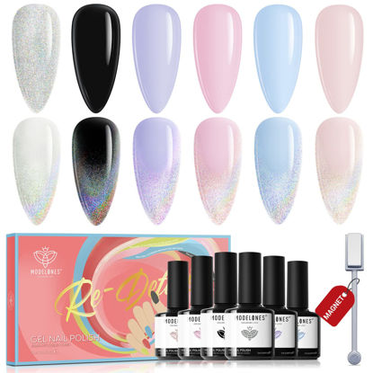 Picture of Modelones Holographic Cat Eye Gel Nail Polish Set 6 Colors, Summer Pastel Glitter Reflective Iridescent Rainbow Magnetic Manicure Kit Soft Nude Pink Blue Purple Black Shimmer Effect at Home Gifts for Women Girls