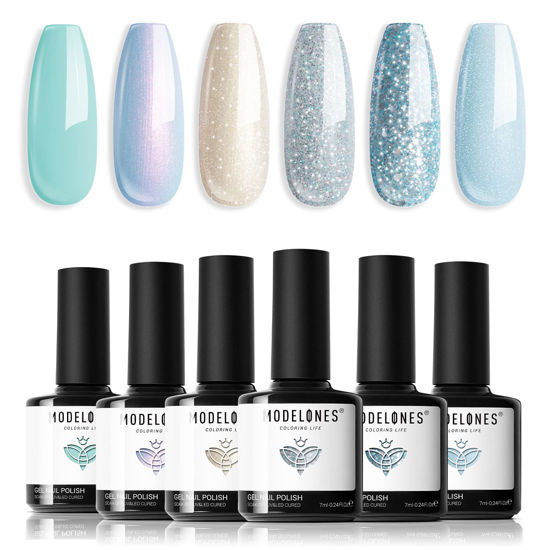 Picture of Modelones Gel Nail Polish Set,Mermaid 6 Pcs Blue Silver Glitter Gel Nail Polish Mint Green Shimmer Nail Polish Soak Off Spring Summer Baby Blue Gel Polish LED Nail Art DIY Salon Manicure Gift for Girl