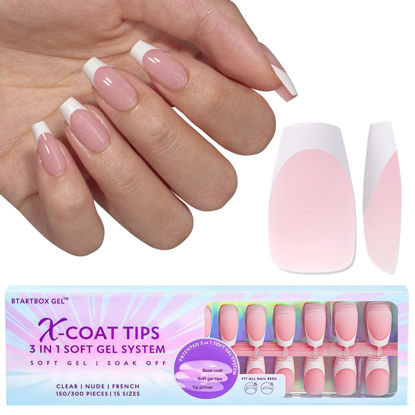 Picture of BTArtboxnails French Tips Gel Nail Tips, 160Pcs French Tip Press on Nails Pink Short Coffin 3 in 1 X-coat Tips, Pre-applied Tip Primer & Base Coat Cover, 16 Sizes Pre-french No Need to File Soft Gel Fake Nails for Nail Extension Easy DIY