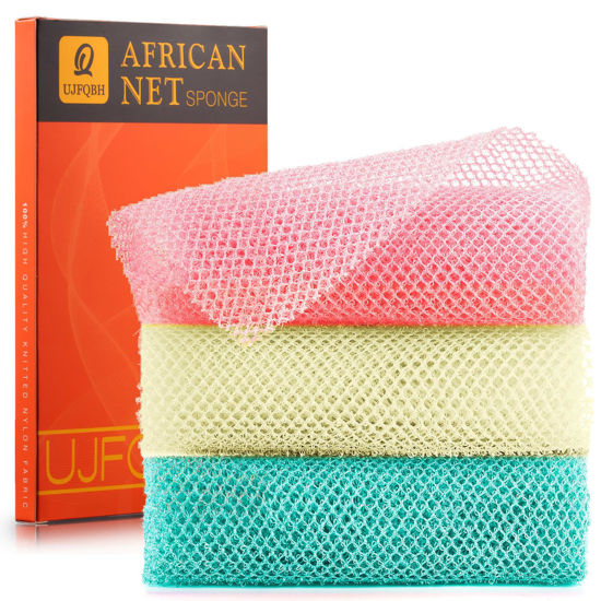 Picture of 3 Pieces African Net Sponge, African exfoliating net African Net Long Net Bath Sponge Exfoliating Shower Body Scrubber Back Scrubber Skin Smoother（Pink, Green, Off-White）