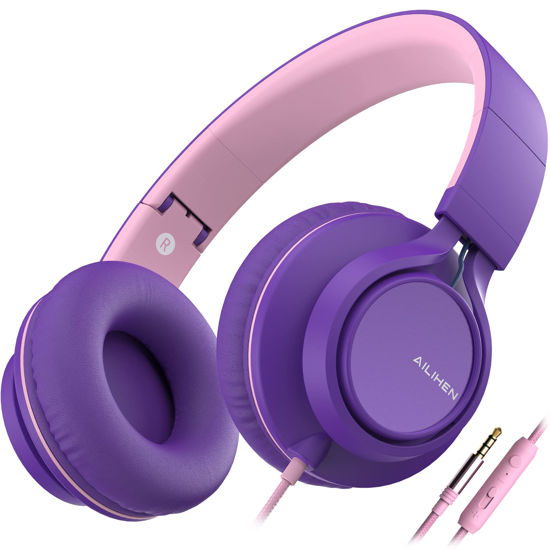 Picture of AILIHEN C8 Kids Headphones Girls School Wired with Microphone and Volume Control Folding Lightweight Corded Headset for Chromebook Cellphones Tablets Smartphones Laptop Computer PC Mp3/4 (Purple Pink)